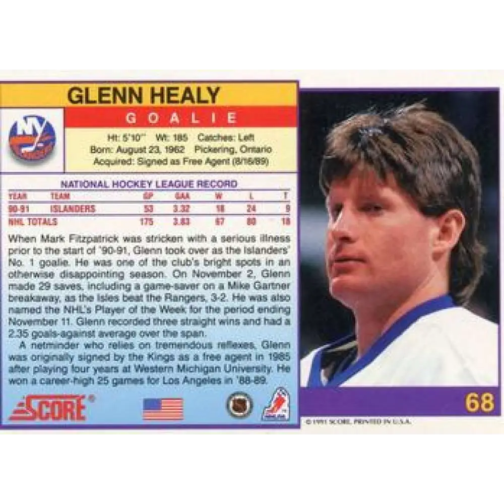1991-92 Score American #68 Glenn Healy NM-MT New York Islanders Hockey Card  Image 2