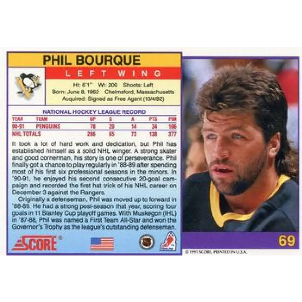 1991-92 Score American #69 Phil Bourque NM-MT Pittsburgh Penguins Hockey Card  Image 2
