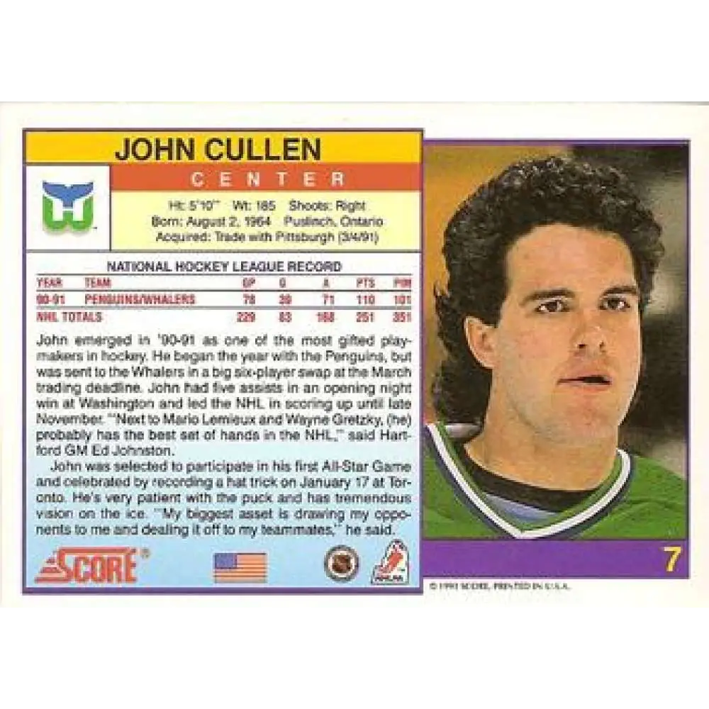 1991-92 Score American #7 John Cullen NM-MT Hartford Whalers Hockey Card  Image 2