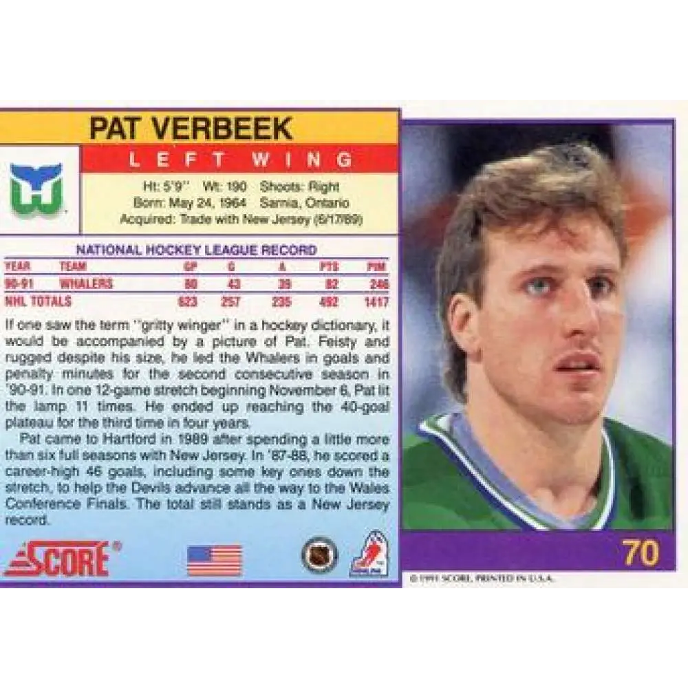 1991-92 Score American #70 Pat Verbeek NM-MT Hartford Whalers Hockey Card  Image 2