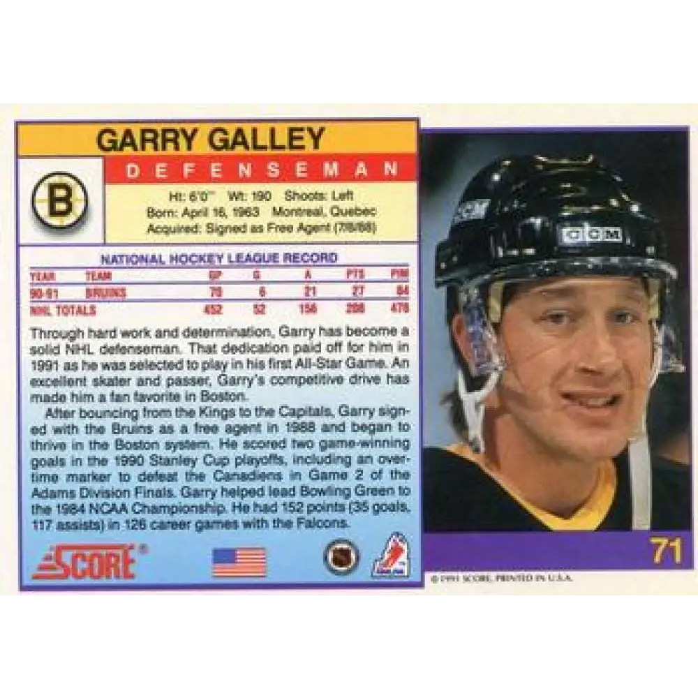 1991-92 Score American #71 Garry Galley NM-MT Boston Bruins Hockey Card  Image 2