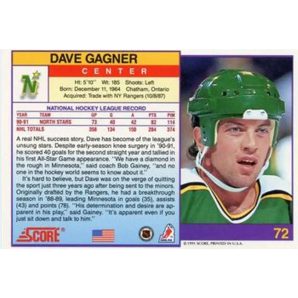 1991-92 Score American #72 Dave Gagner NM-MT Minnesota North Stars Hockey Card  Image 2