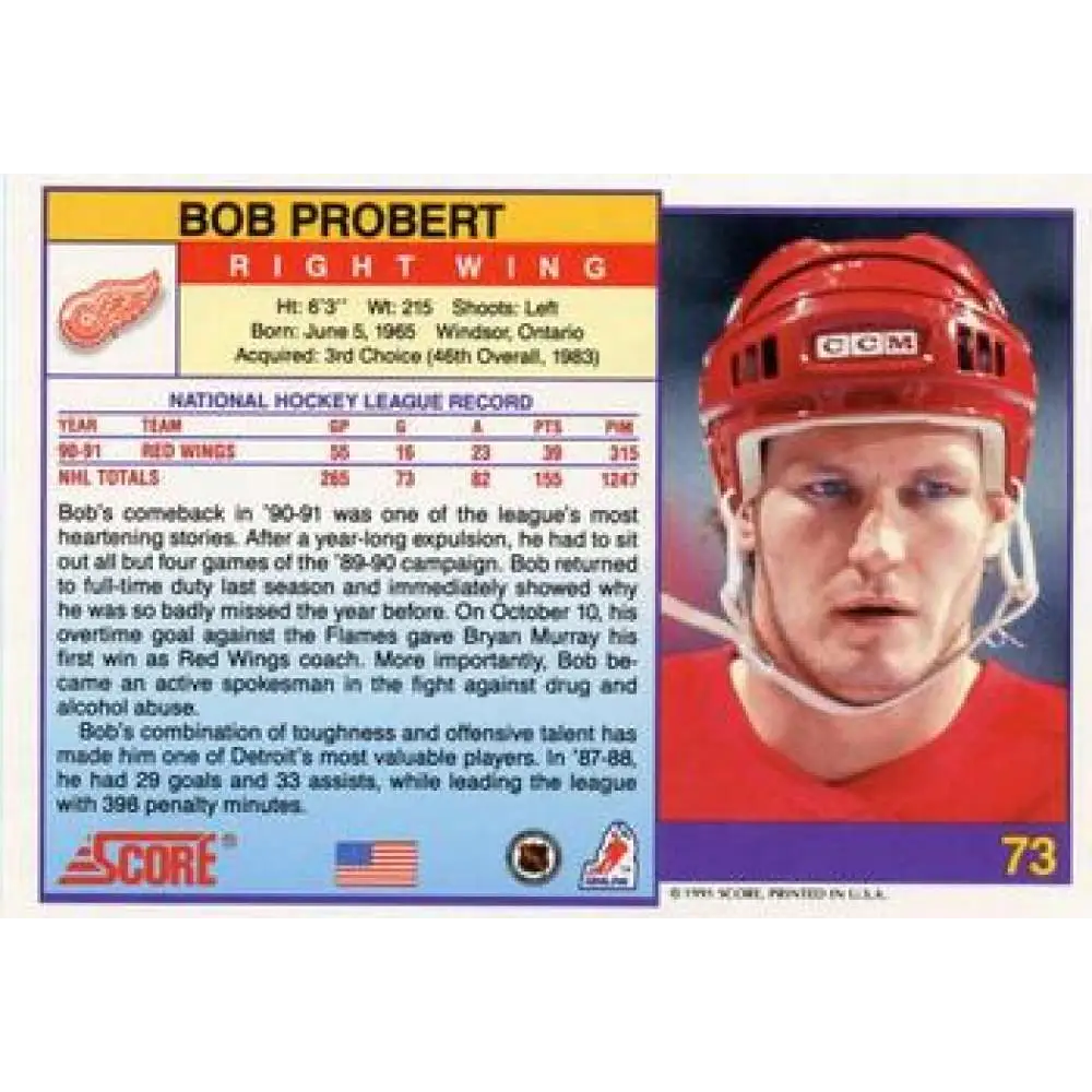 1991-92 Score American #73 Bob Probert NM-MT Detroit Red Wings Hockey Card  Image 2