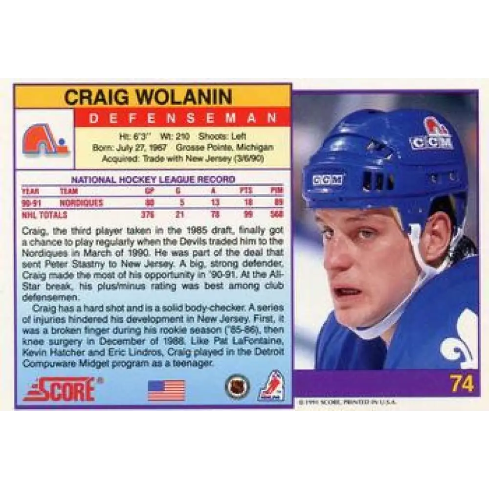 1991-92 Score American #74 Craig Wolanin NM-MT Quebec Nordiques Hockey Card  Image 2