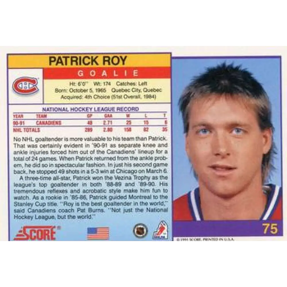 1991-92 Score American #75 Patrick Roy NM-MT Montreal Canadiens Hockey Card  Image 2