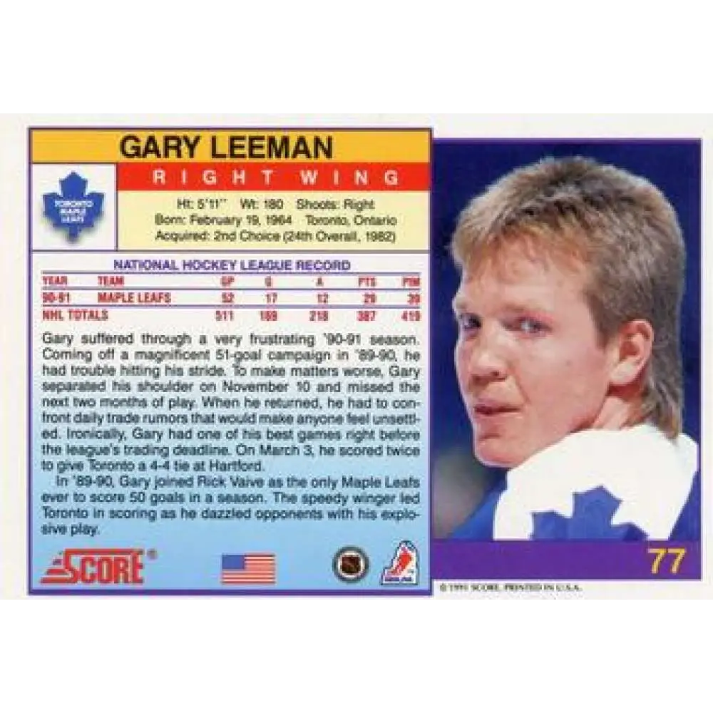 1991-92 Score American #77 Gary Leeman NM-MT Toronto Maple Leafs Hockey Card  Image 2