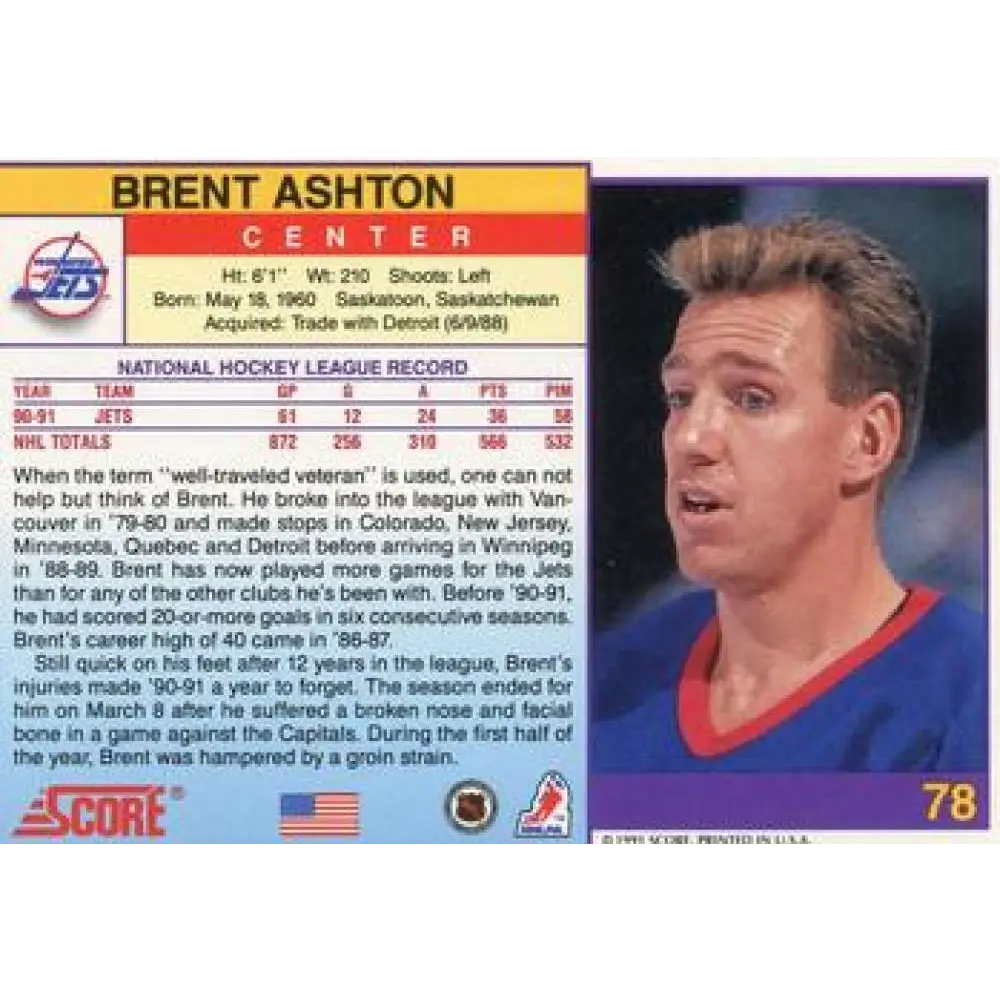 1991-92 Score American #78 Brent Ashton NM-MT Winnipeg Jets Hockey Card  Image 2
