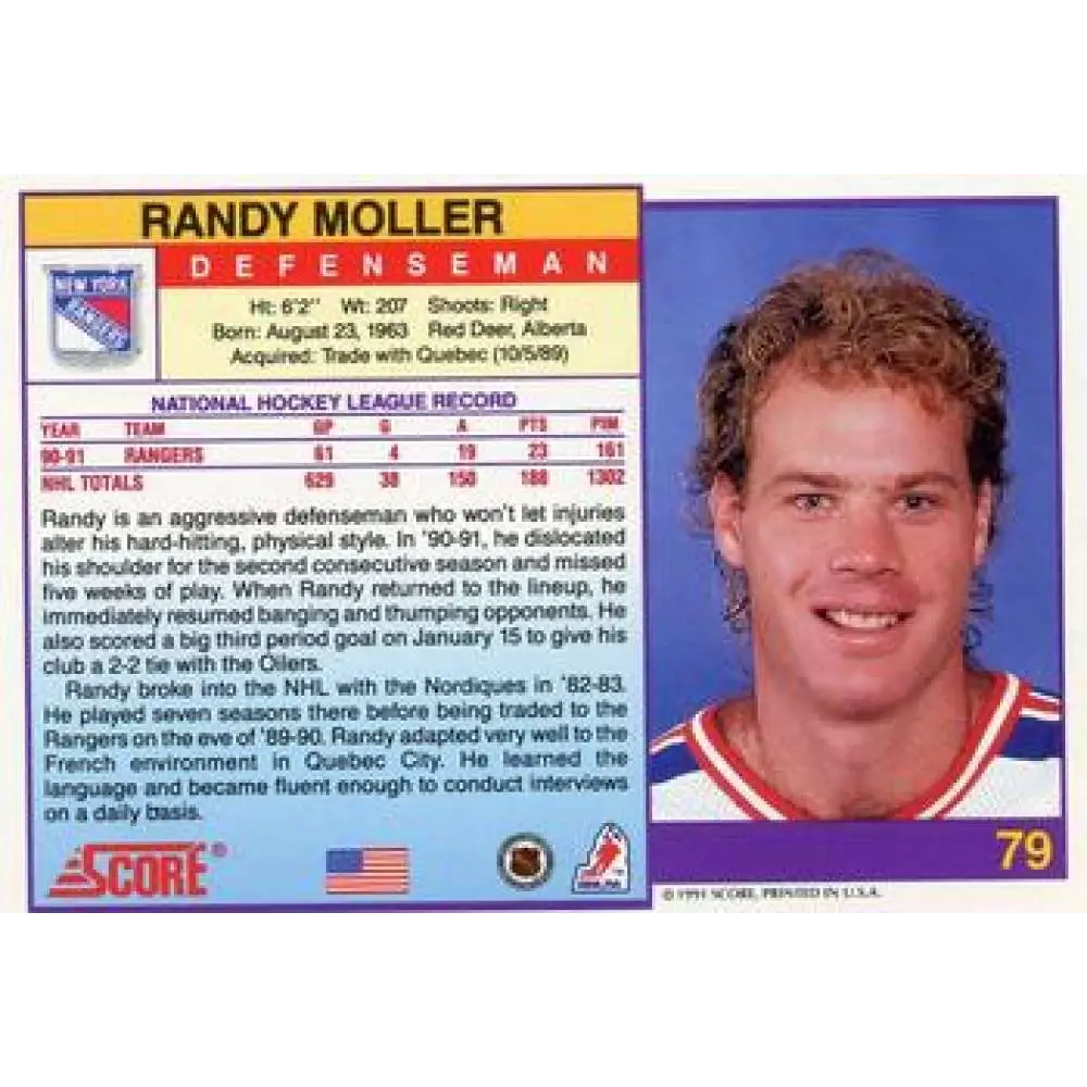 1991-92 Score American #79 Randy Moller NM-MT New York Rangers Hockey Card  Image 2