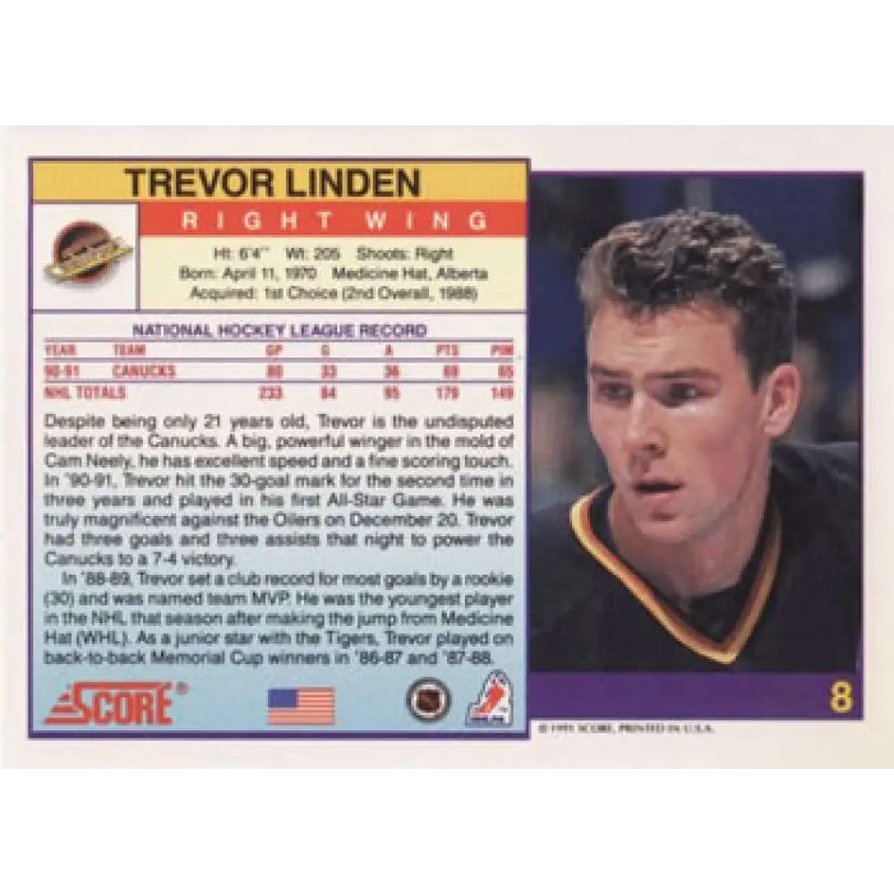 1991-92 Score American #8 Trevor Linden NM-MT Vancouver Canucks Hockey Card  Image 2