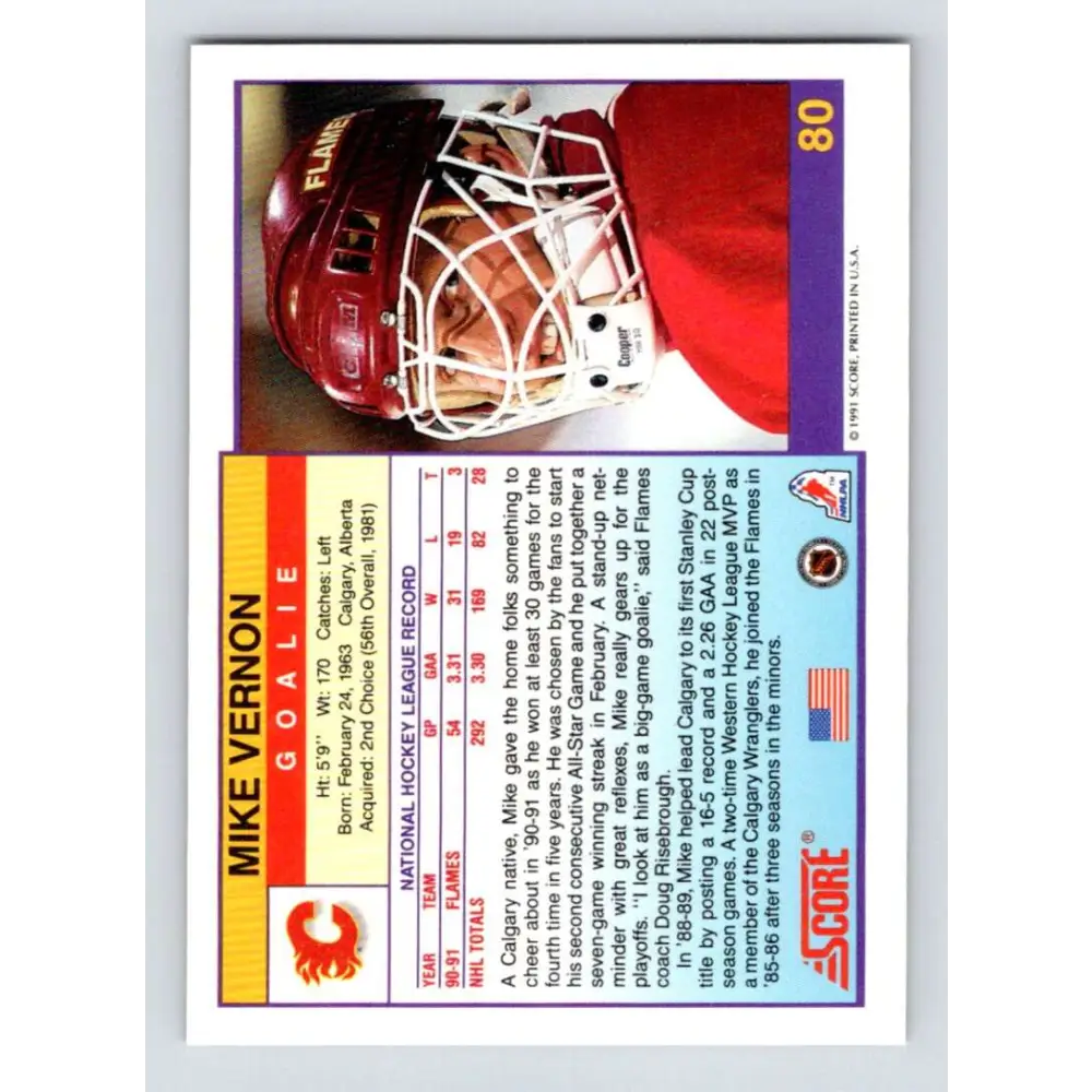 1991-92 Score American #80 Mike Vernon NM-MT Calgary Flames Hockey Card  Image 2