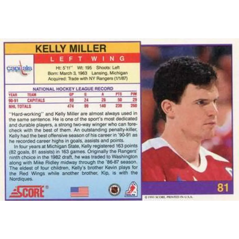 1991-92 Score American #81 Kelly Miller NM-MT Washington Capitals Hockey Card  Image 2
