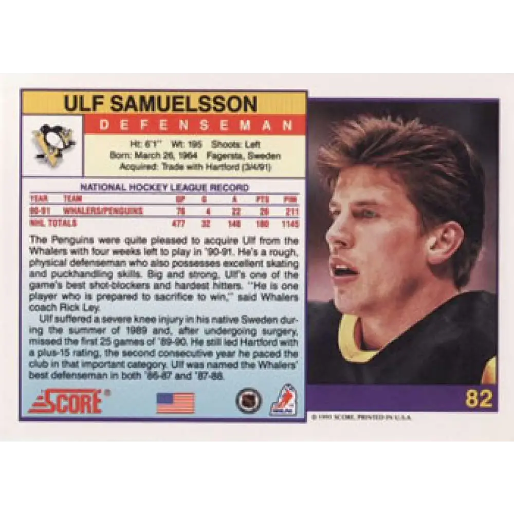 1991-92 Score American #82 Ulf Samuelsson NM-MT Pittsburgh Penguins Hockey Card  Image 2