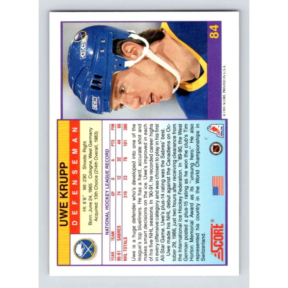 1991-92 Score American #84 Uwe Krupp NM-MT Buffalo Sabres Hockey Card  Image 2