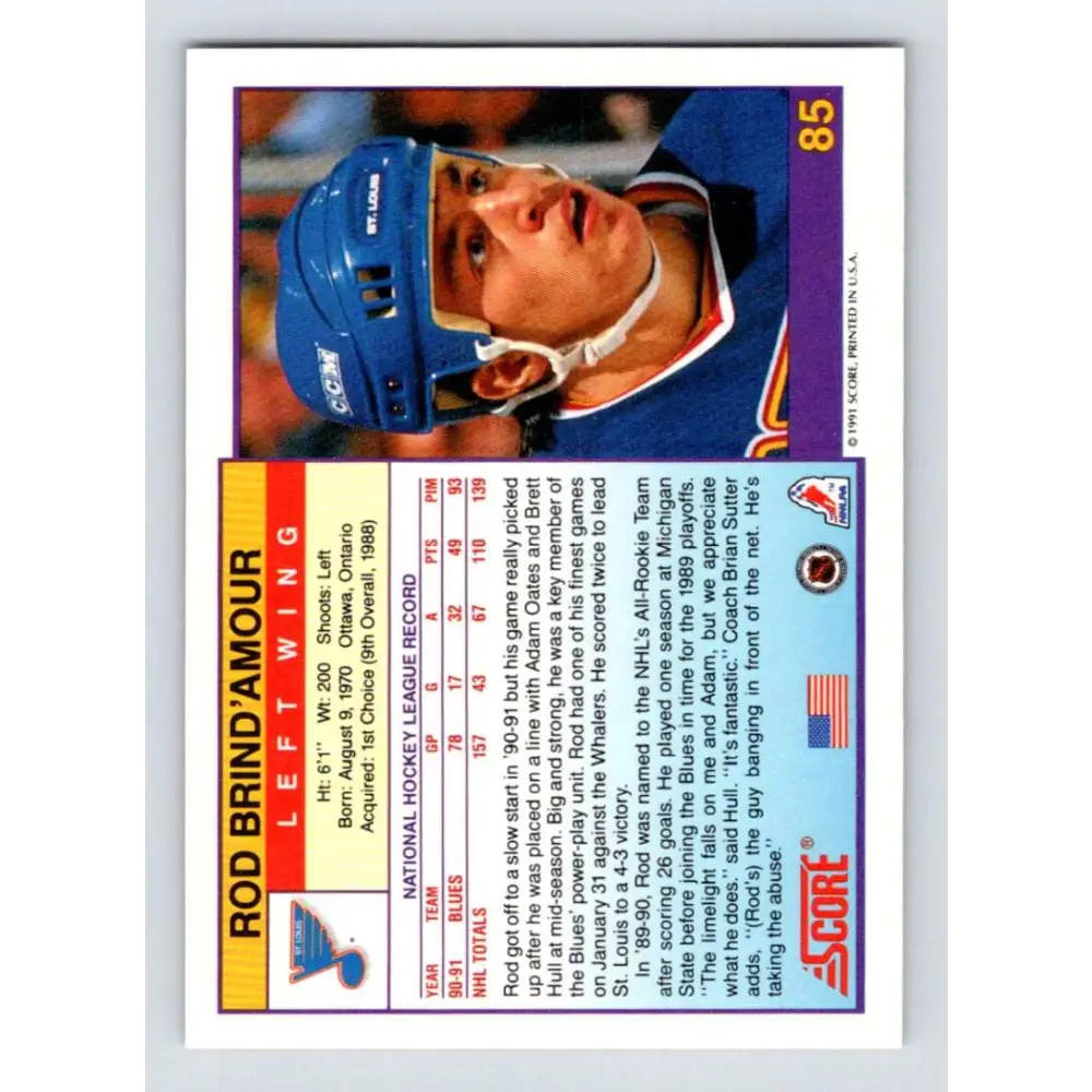 1991-92 Score American #85 Rod Brind'Amour NM-MT St. Louis Blues Hockey Card  Image 2