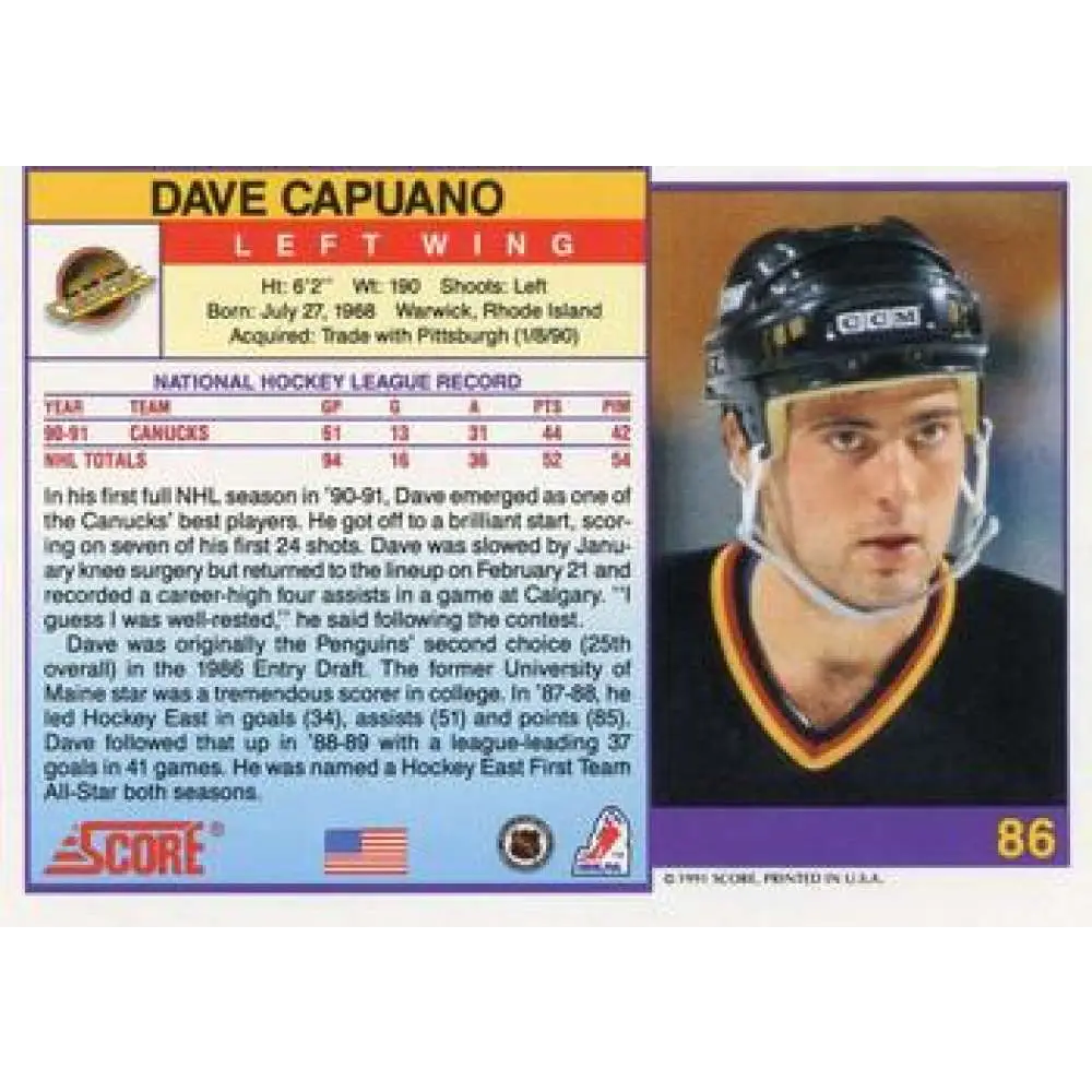 1991-92 Score American #86 Dave Capuano NM-MT Vancouver Canucks Hockey Card  Image 2