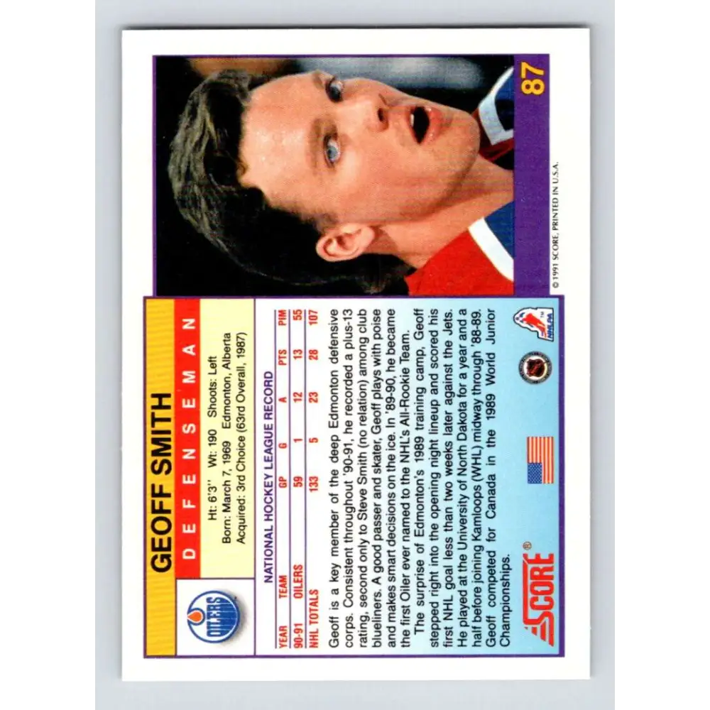 1991-92 Score American #87 Geoff Smith NM-MT Edmonton Oilers Hockey Card  Image 2