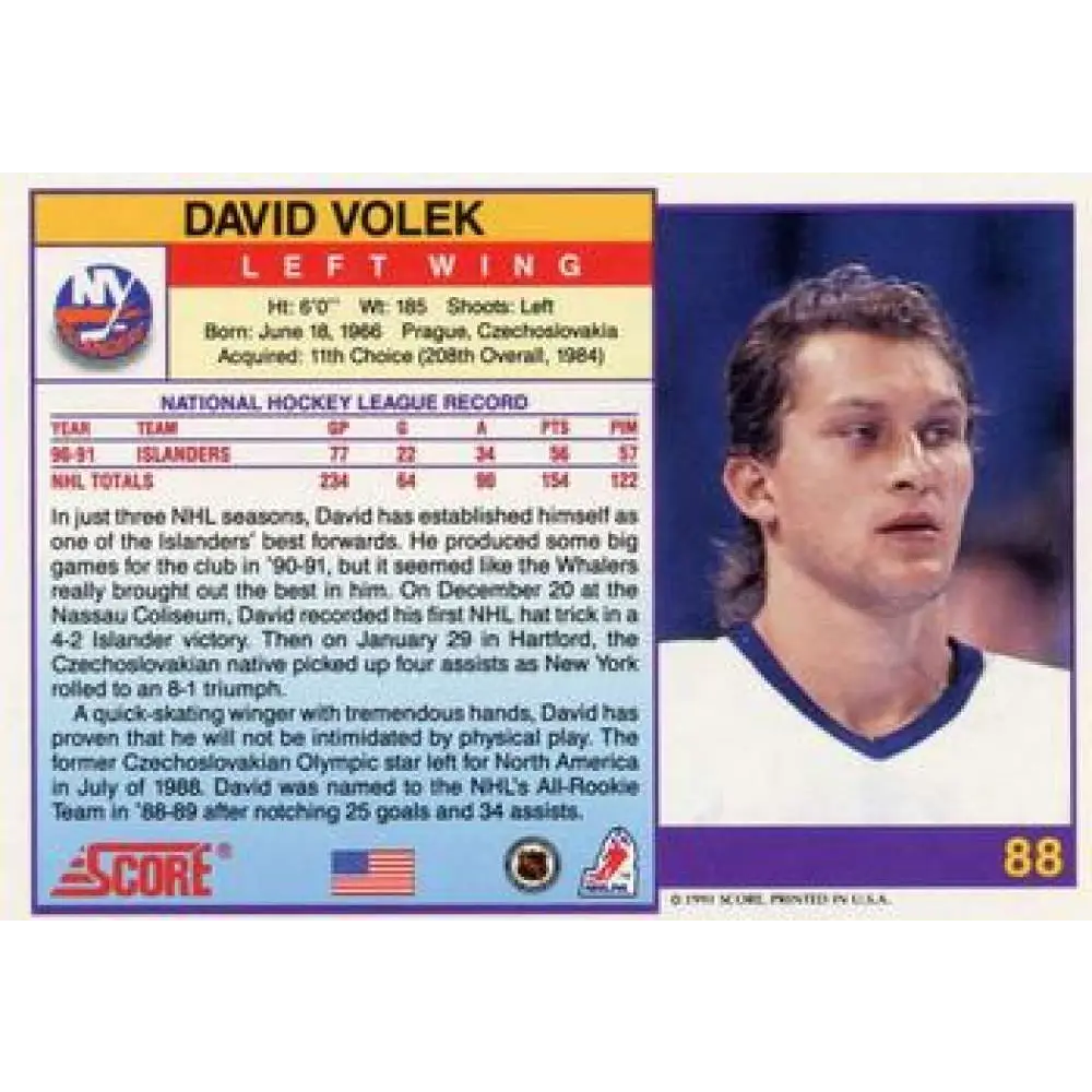 1991-92 Score American #88 David Volek NM-MT New York Islanders Hockey Card  Image 2