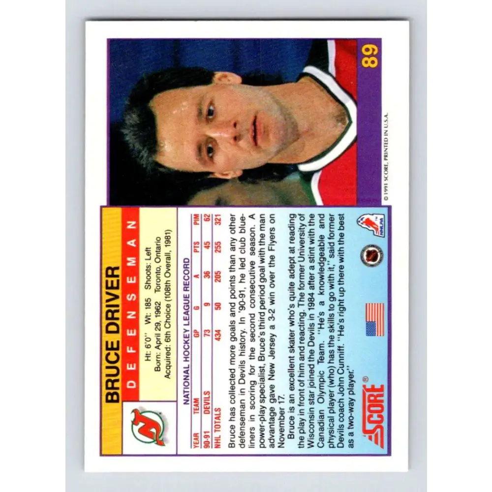 1991-92 Score American #89 Bruce Driver NM-MT New Jersey Devils Hockey Card  Image 2