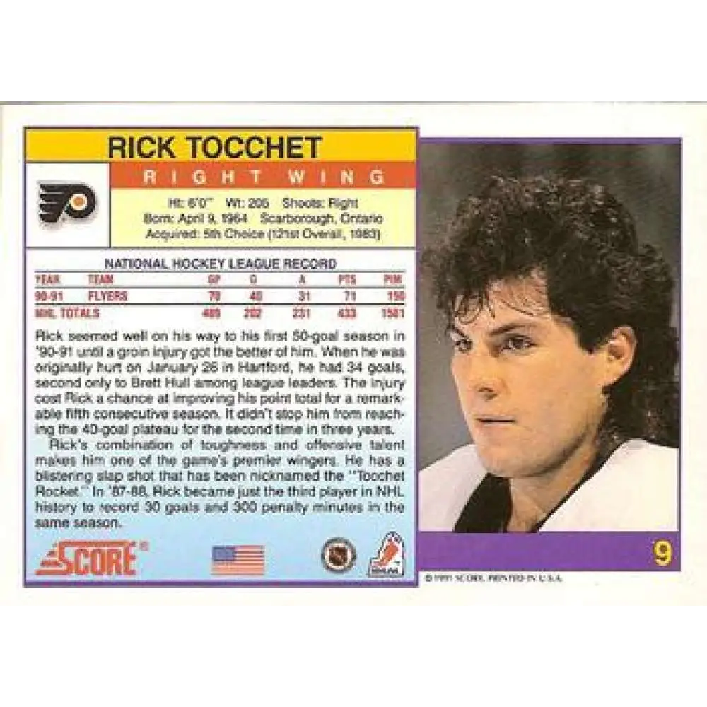 1991-92 Score American #9 Rick Tocchet NM-MT Philadelphia Flyers Hockey Card  Image 2