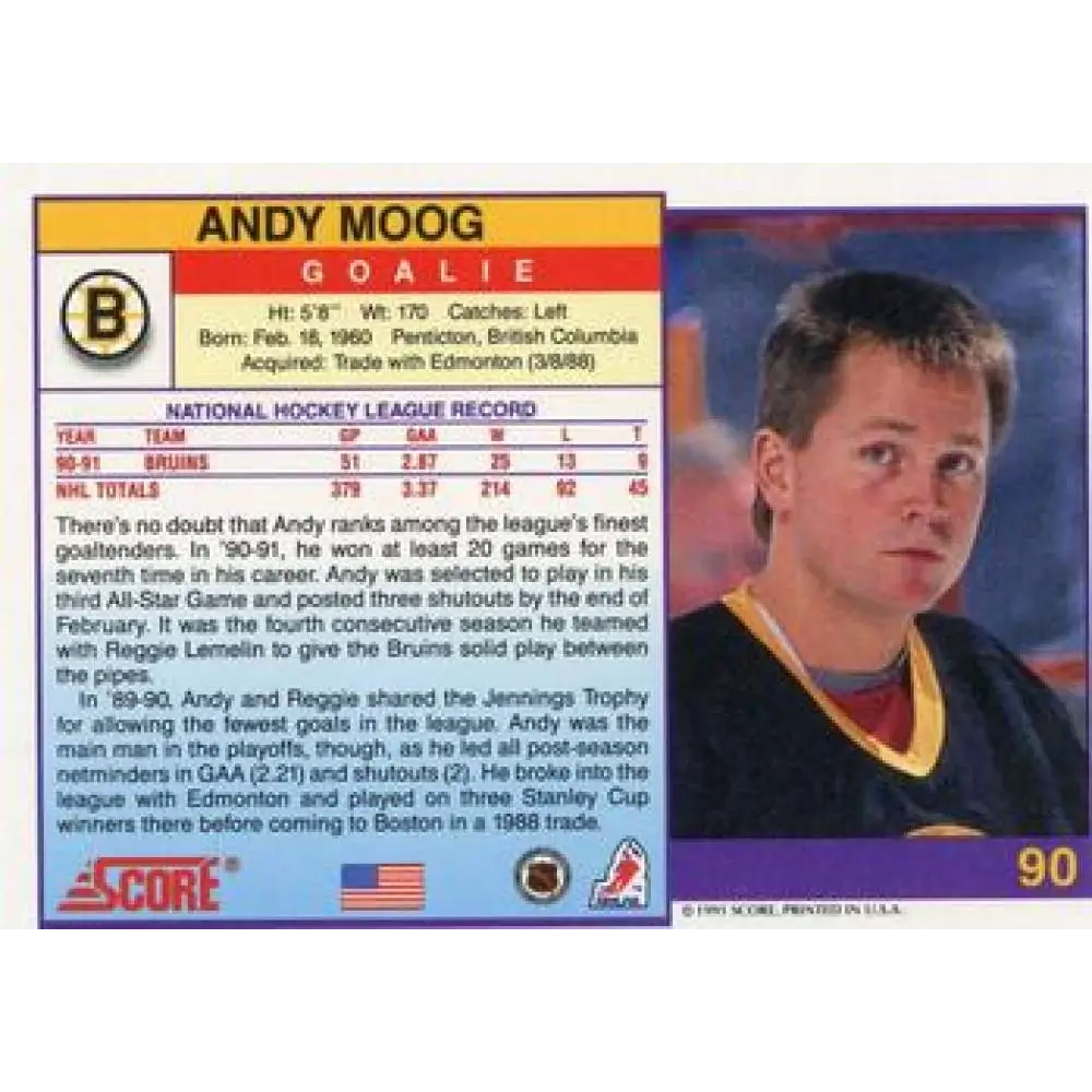 1991-92 Score American #90 Andy Moog NM-MT Boston Bruins Hockey Card  Image 2
