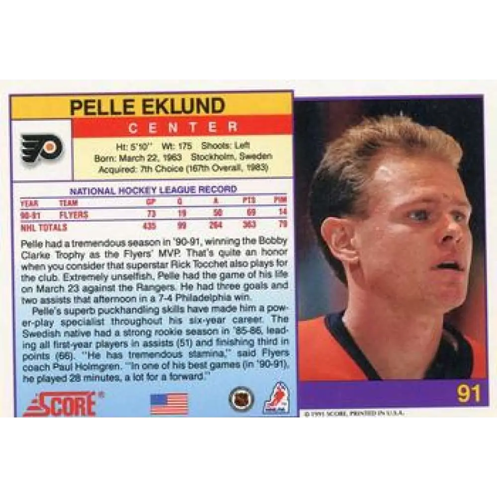 1991-92 Score American #91 Pelle Eklund NM-MT Philadelphia Flyers Hockey Card  Image 2