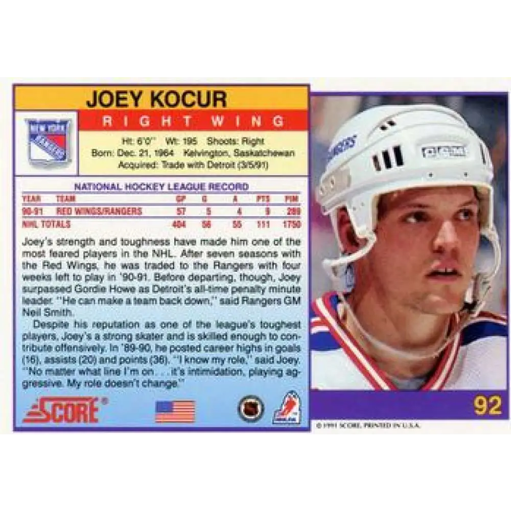 1991-92 Score American #92 Joey Kocur NM-MT New York Rangers Hockey Card  Image 2
