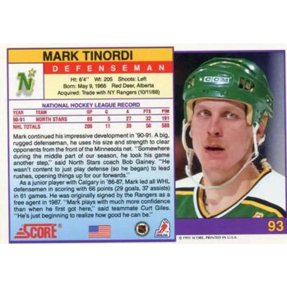 1991-92 Score American #93 Mark Tinordi NM-MT Minnesota North Stars Hockey Card  Image 2