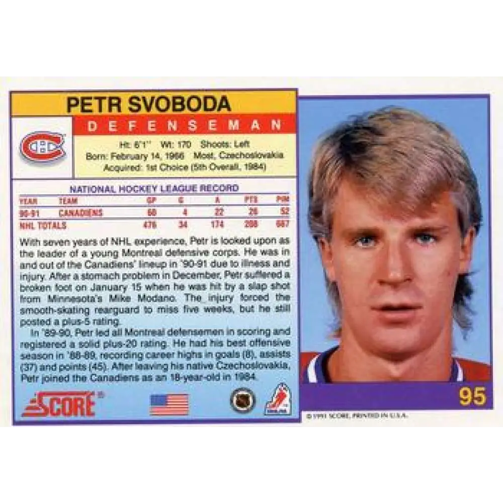 1991-92 Score American #95 Petr Svoboda NM-MT Montreal Canadiens Hockey Card  Image 2