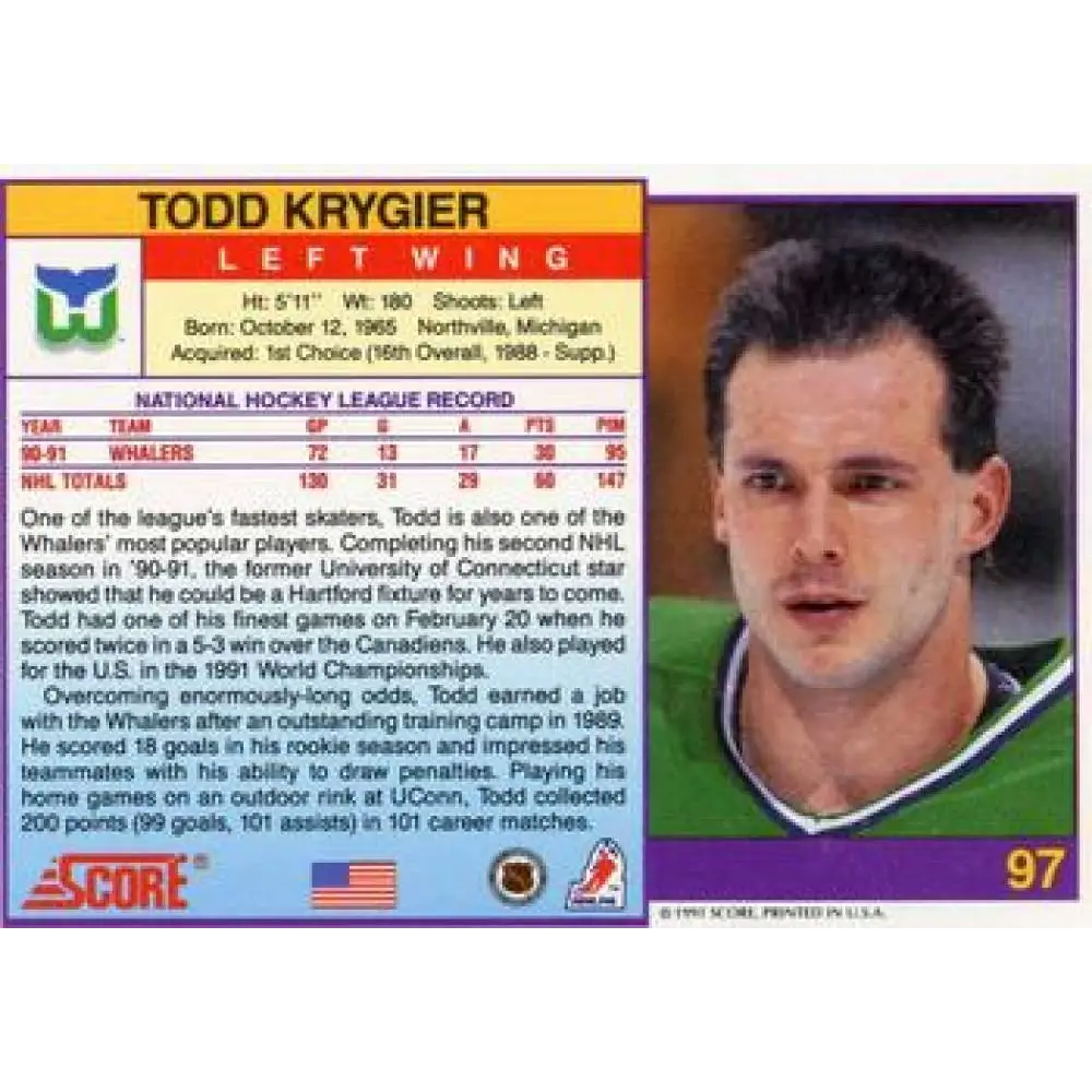 1991-92 Score American #97 Todd Krygier NM-MT Hartford Whalers Hockey Card  Image 2