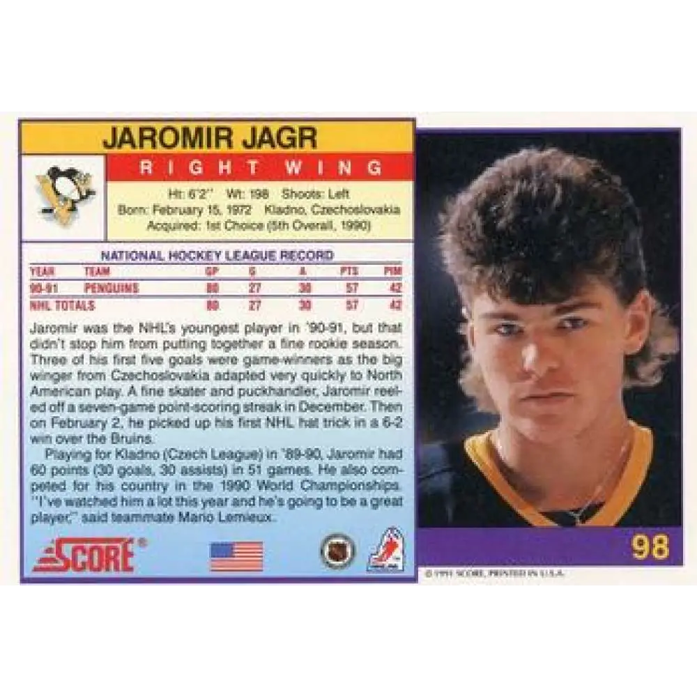 1991-92 Score American #98 Jaromir Jagr NM-MT Pittsburgh Penguins Hockey Card  Image 2