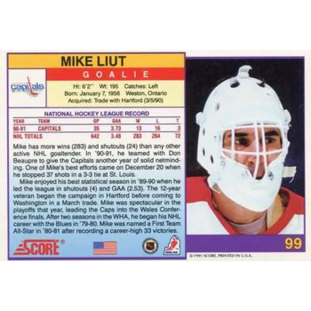 1991-92 Score American #99 Mike Liut NM-MT Washington Capitals Hockey Card  Image 2