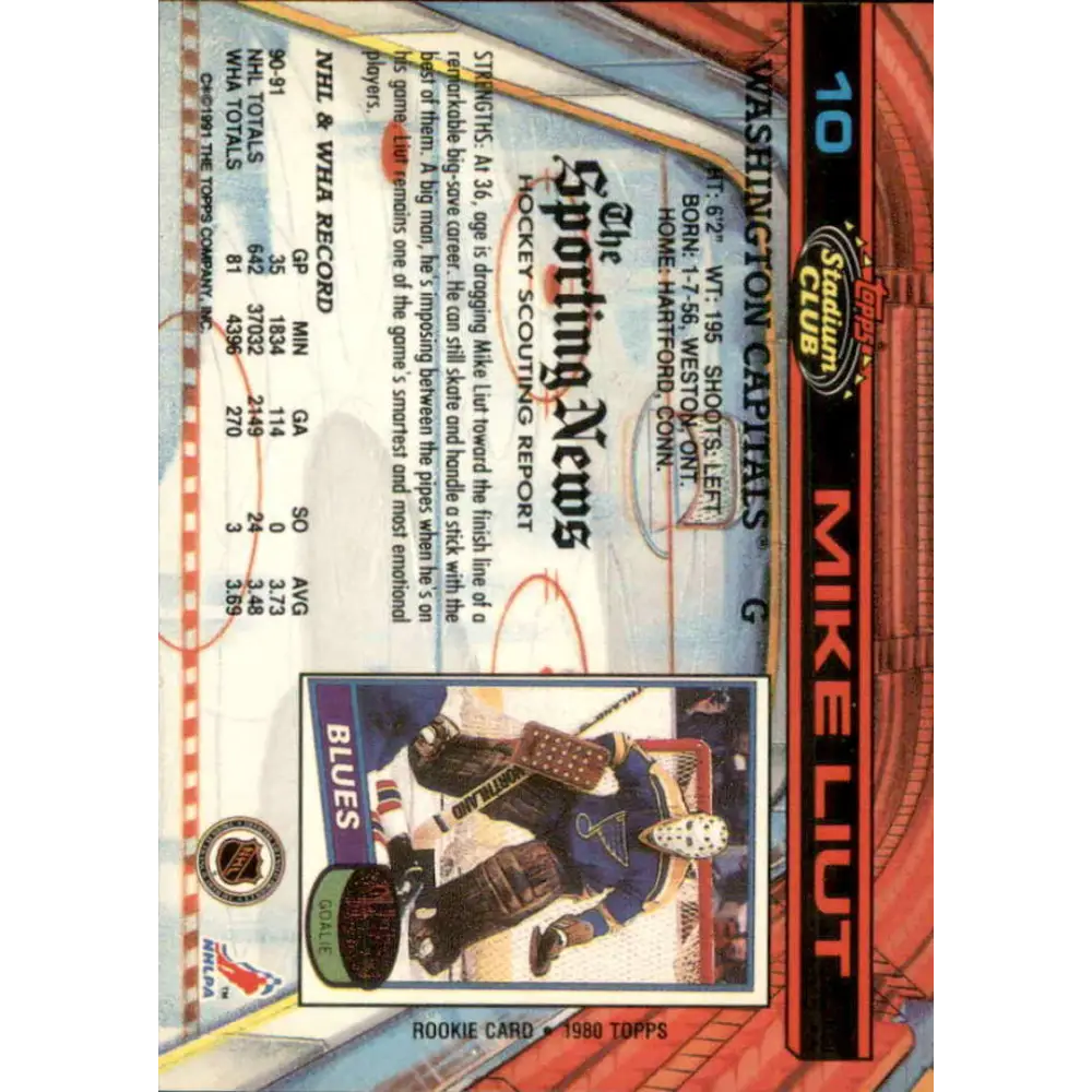 1991-92 Topps Stadium Club #10 Mike Liut NM-MT Washington Capitals Hockey Card Image 2