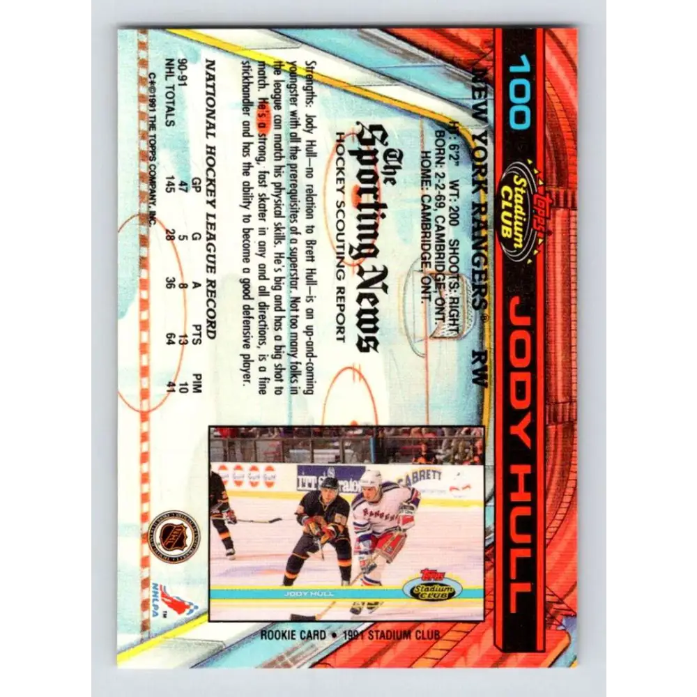 1991-92 Topps Stadium Club #100 Jody Hull NM-MT New York Rangers Hockey Card Image 2