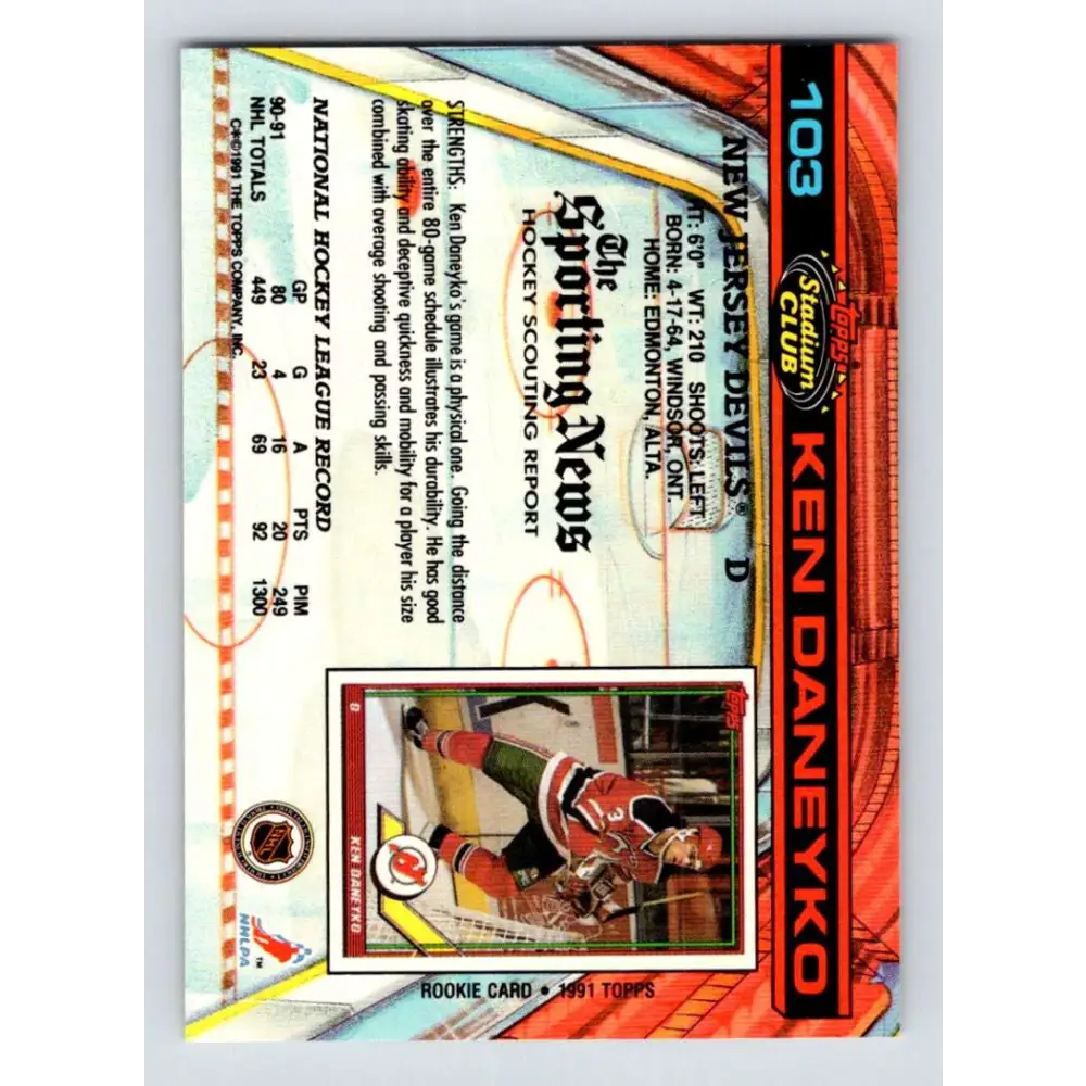 1991-92 Topps Stadium Club #103 Ken Daneyko NM-MT New Jersey Devils Hockey Card Image 2