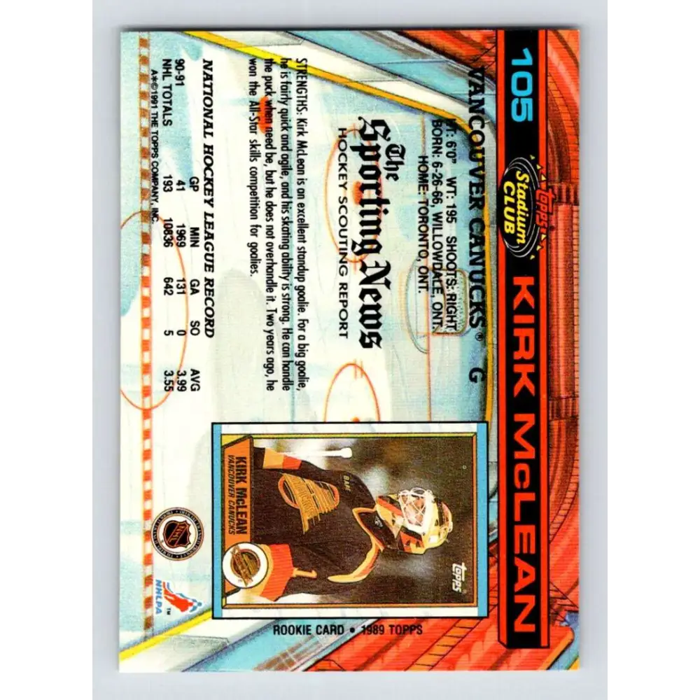 1991-92 Topps Stadium Club #105 Kirk McLean NM-MT Vancouver Canucks Hockey Card Image 2