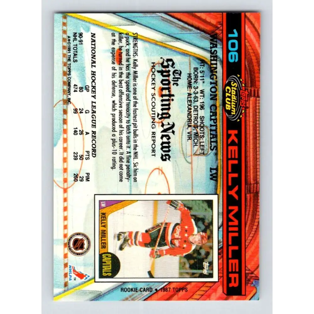 1991-92 Topps Stadium Club #106 Kelly Miller NM-MT Washington Capitals Hockey Card Image 2