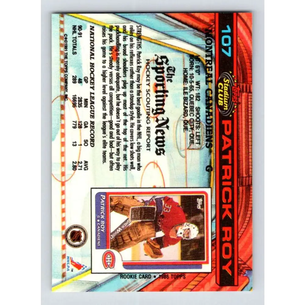 1991-92 Topps Stadium Club #107 Patrick Roy NM-MT Montreal Canadiens Hockey Card Image 2