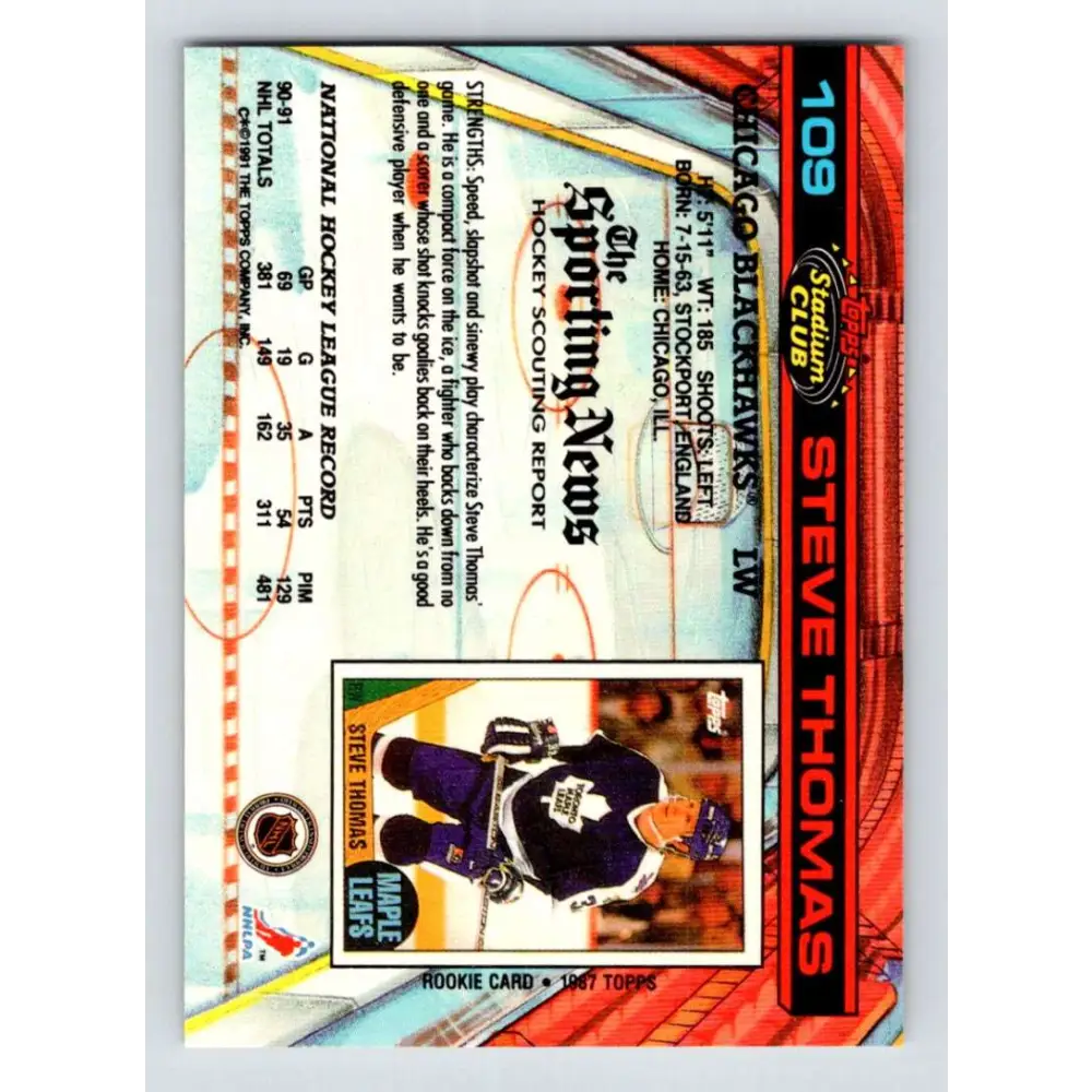 1991-92 Topps Stadium Club #109 Steve Thomas NM-MT Chicago Blackhawks Hockey Card Image 2
