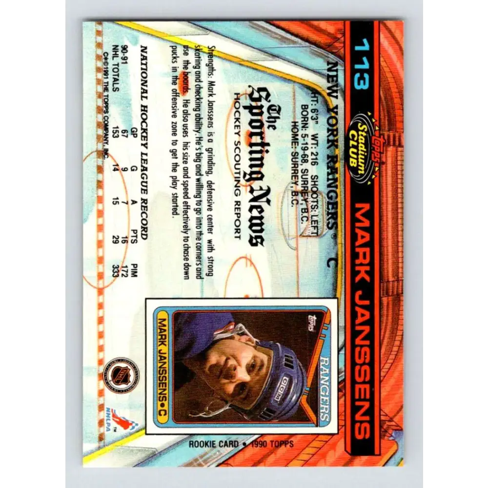 1991-92 Topps Stadium Club #113 Mark Janssens NM-MT New York Rangers Hockey Card Image 2