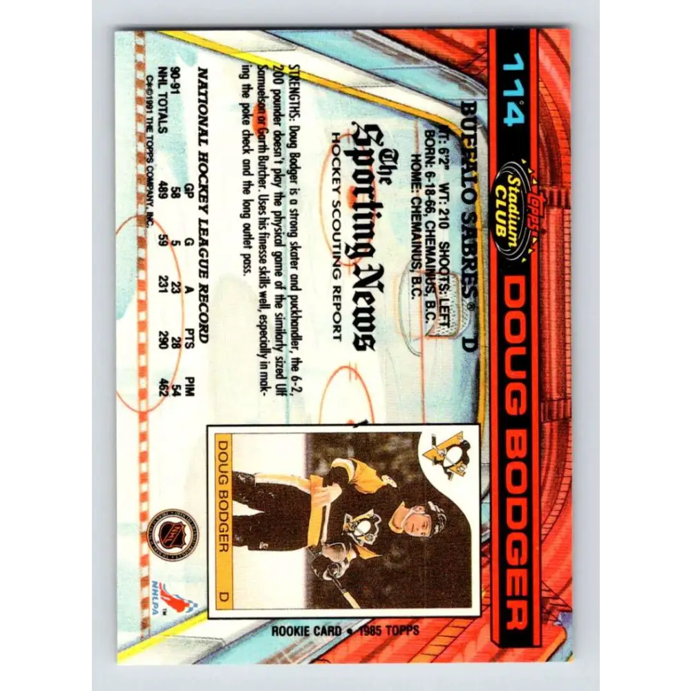 1991-92 Topps Stadium Club #114 Doug Bodger NM-MT Buffalo Sabres Hockey Card Image 2