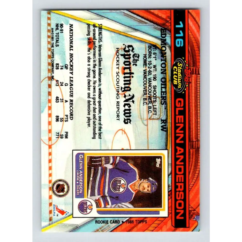 1991-92 Topps Stadium Club #116 Glenn Anderson NM-MT Edmonton Oilers Hockey Card Image 2