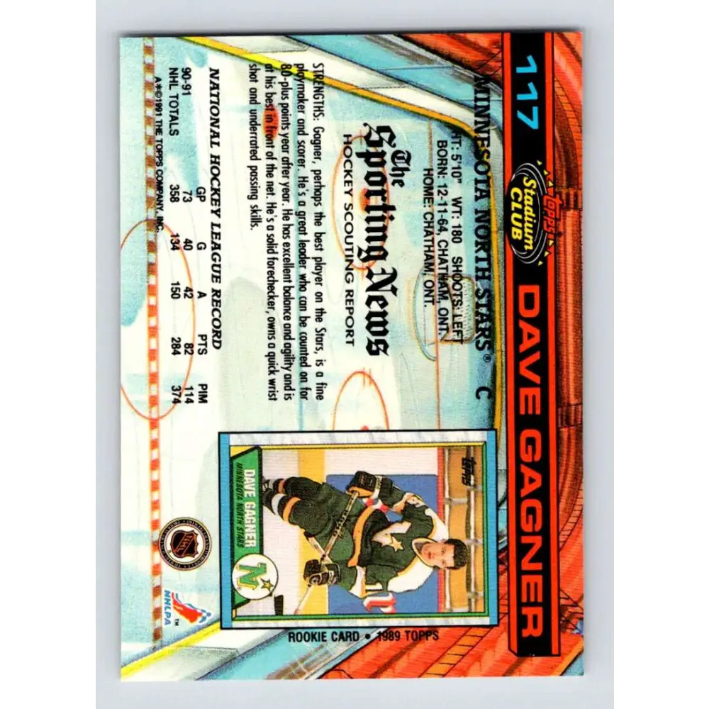 1991-92 Topps Stadium Club #117 Dave Gagner NM-MT Minnesota North Stars Hockey Card Image 2