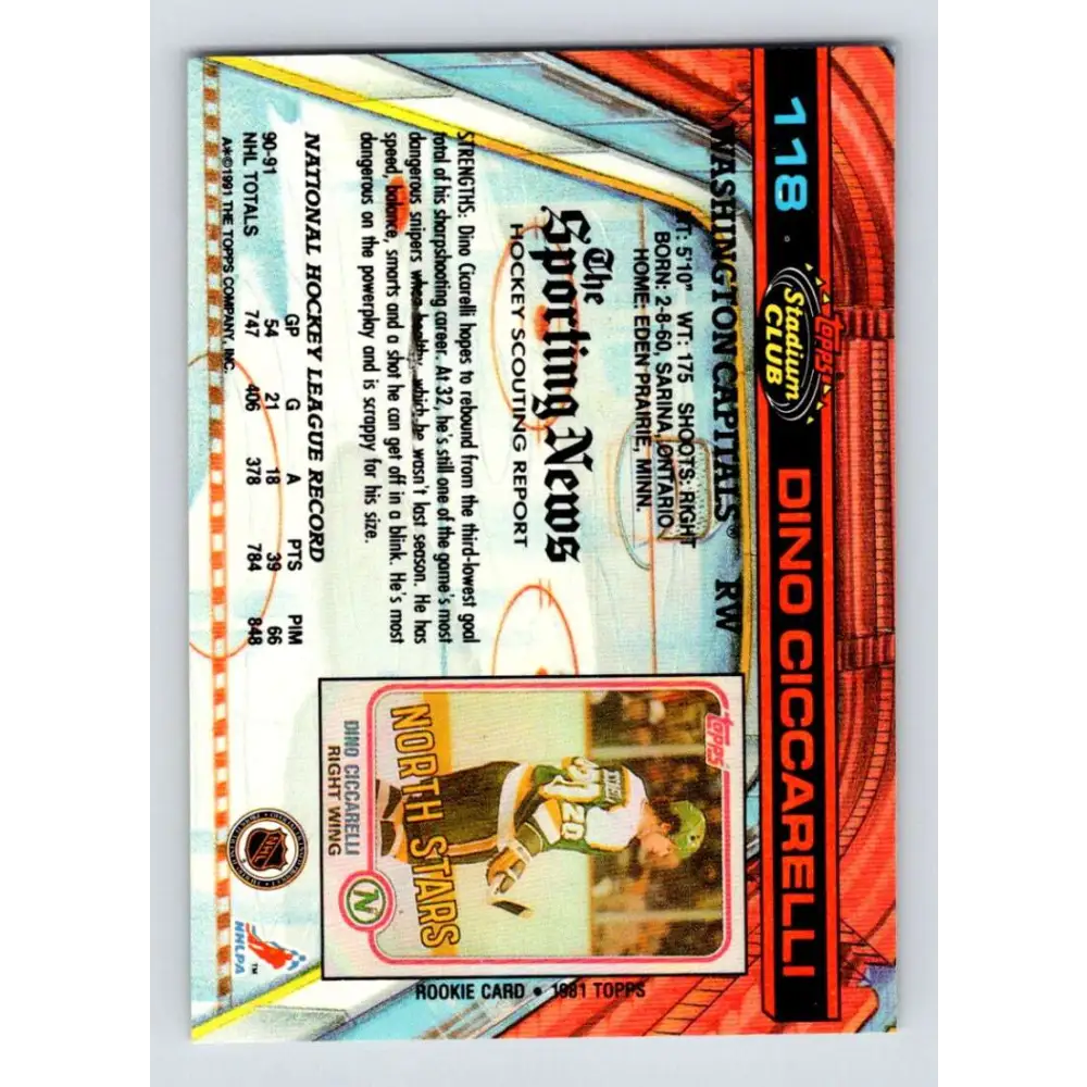 1991-92 Topps Stadium Club #118 Dino Ciccarelli NM-MT Washington Capitals Hockey Card Image 2