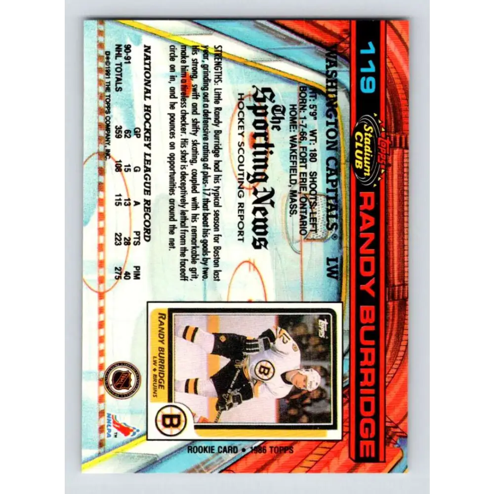 1991-92 Topps Stadium Club #119 Randy Burridge NM-MT Washington Capitals Hockey Card Image 2