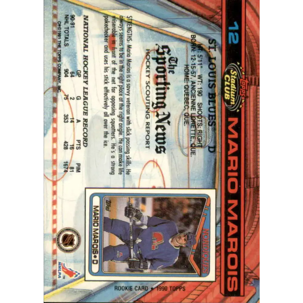 1991-92 Topps Stadium Club #12 Mario Marois NM-MT St. Louis Blues Hockey Card Image 2