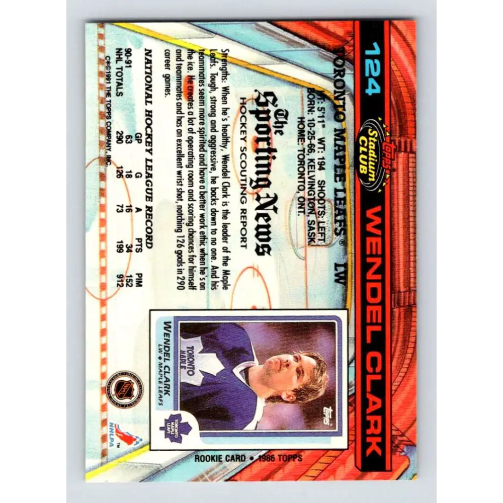 1991-92 Topps Stadium Club #124 Wendel Clark NM-MT Toronto Maple Leafs Hockey Card Image 2