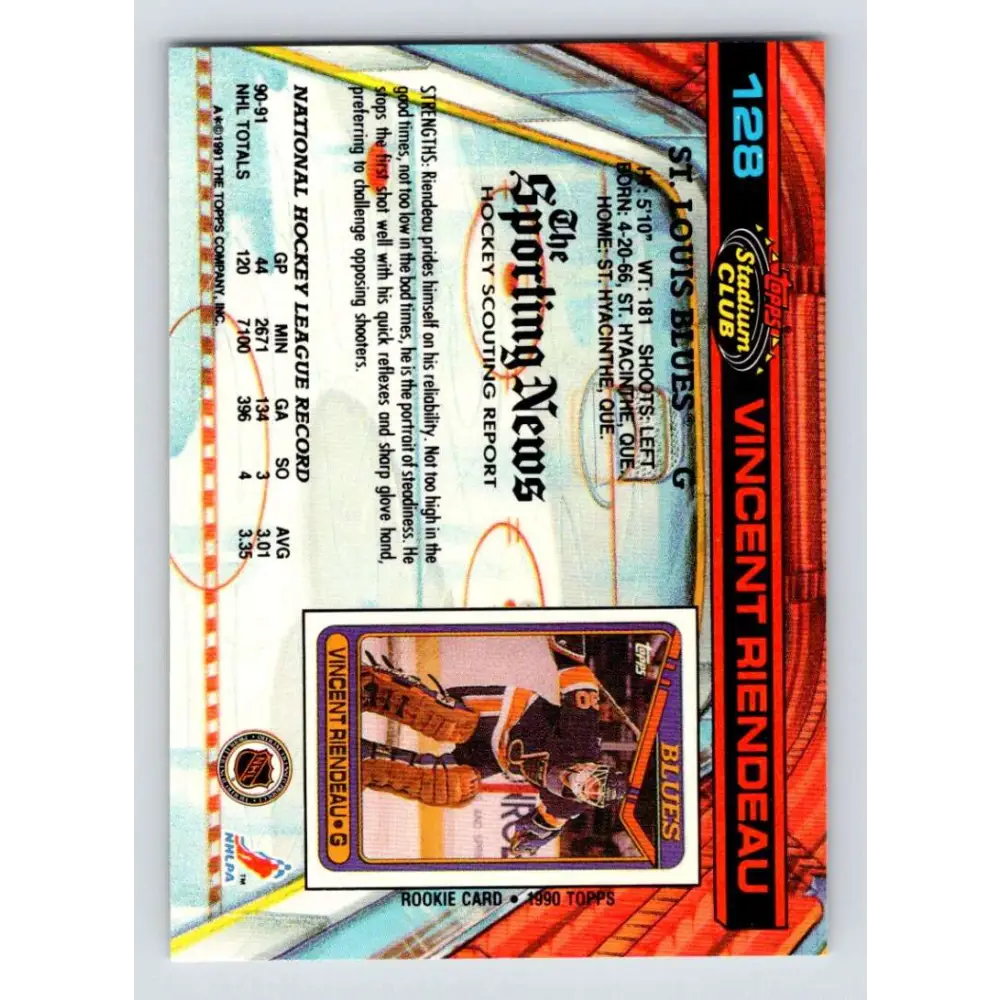 1991-92 Topps Stadium Club #128 Vincent Riendeau NM-MT St. Louis Blues Hockey Card Image 2