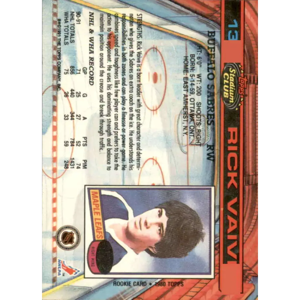 1991-92 Topps Stadium Club #13 Rick Vaive NM-MT Buffalo Sabres Hockey Card Image 2