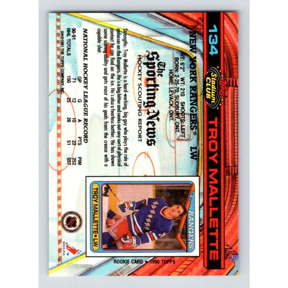 1991-92 Topps Stadium Club #134 Troy Mallette NM-MT New York Rangers Hockey Card Image 2