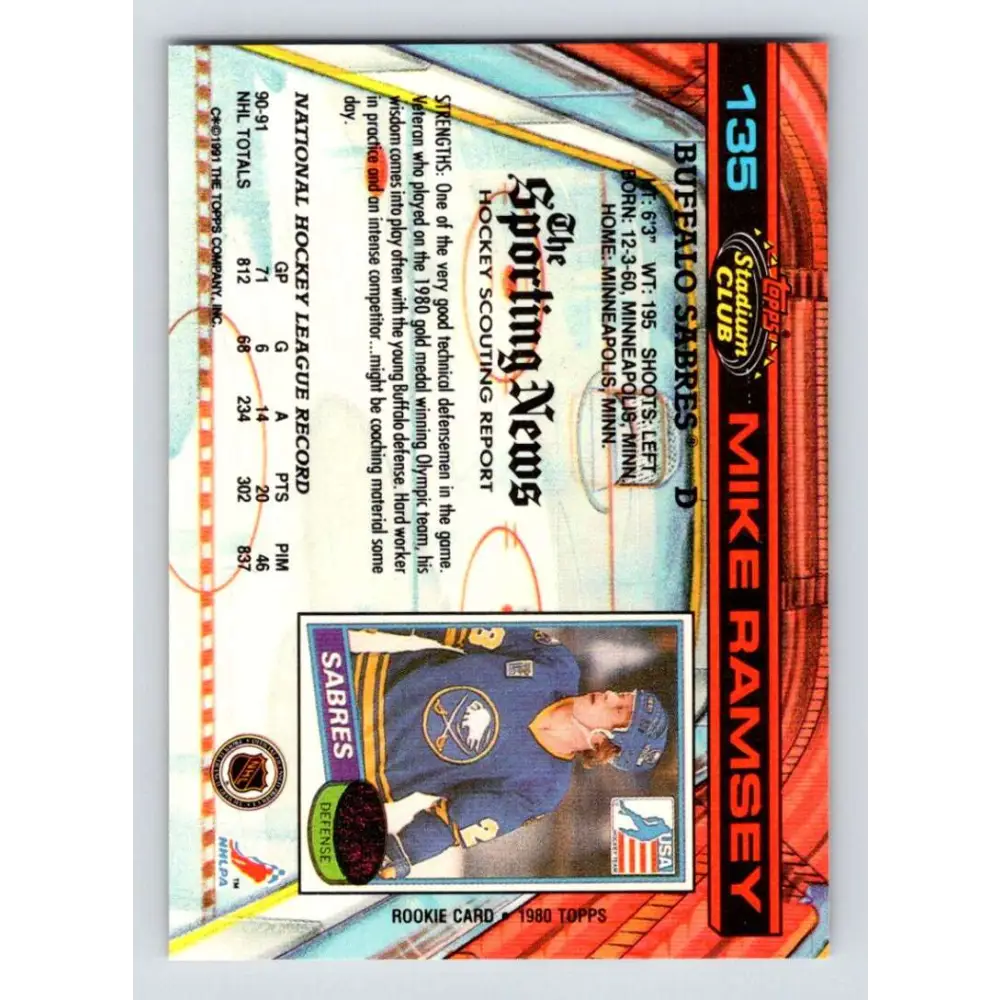 1991-92 Topps Stadium Club #135 Mike Ramsey NM-MT Buffalo Sabres Hockey Card Image 2